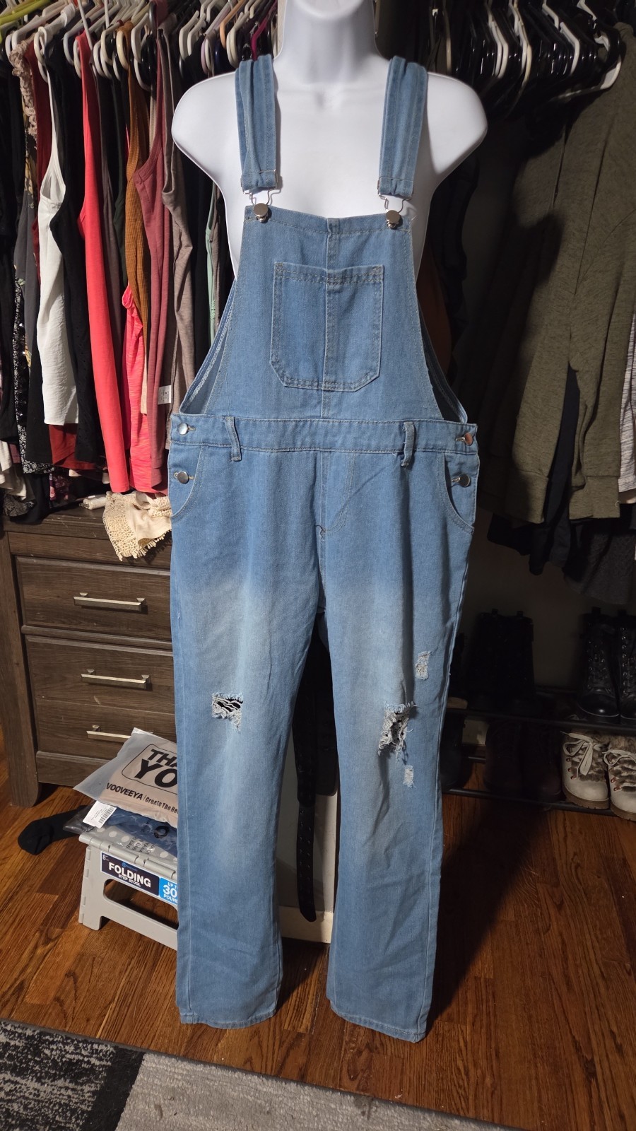 Women’s XL Blue Denim Distressed Bib Overalls Sleeveless Pockets Adjustable