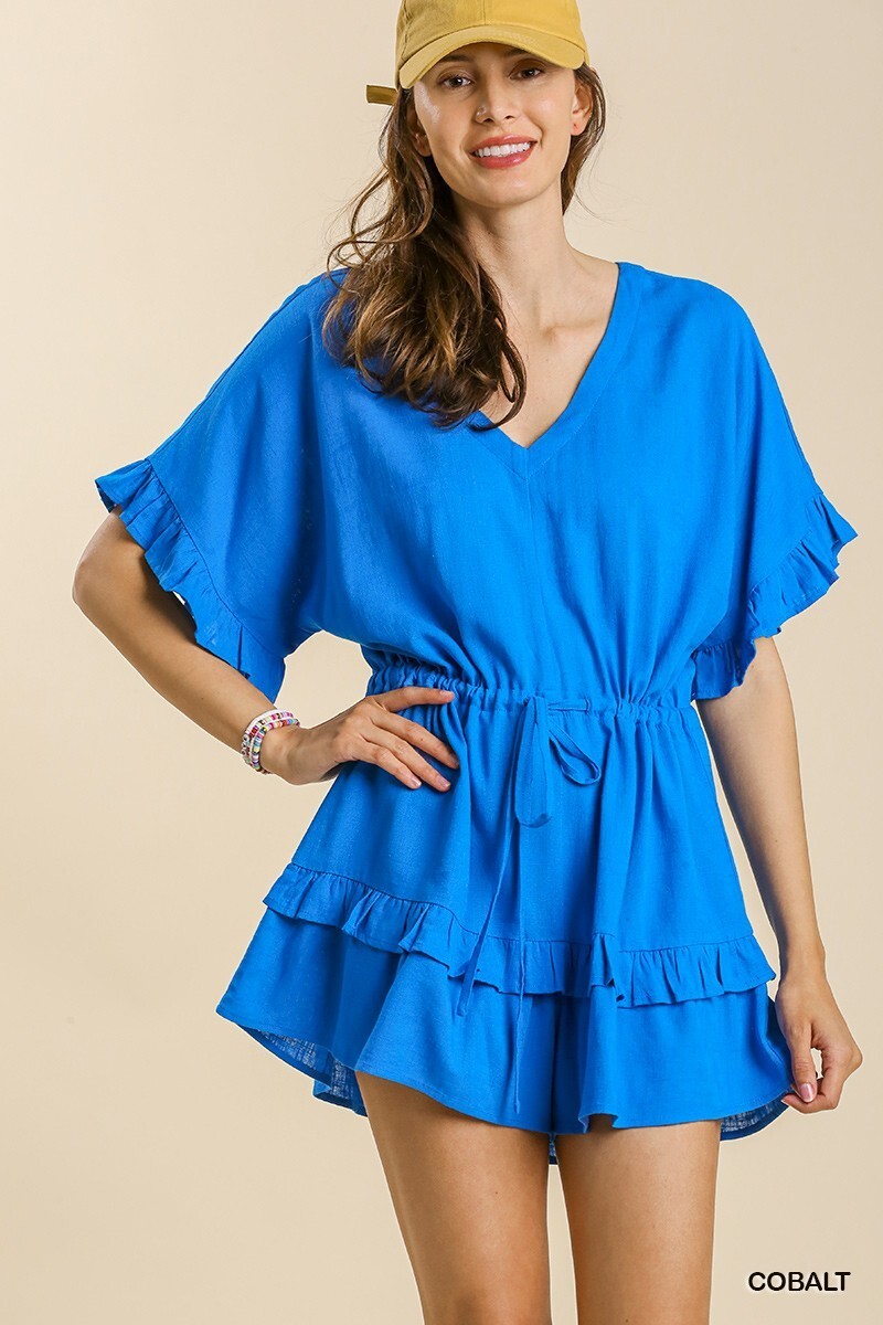 Umgee Cobalt Short Bell Sleeve V-Neck Romper with an Elastic Drawstring Waist