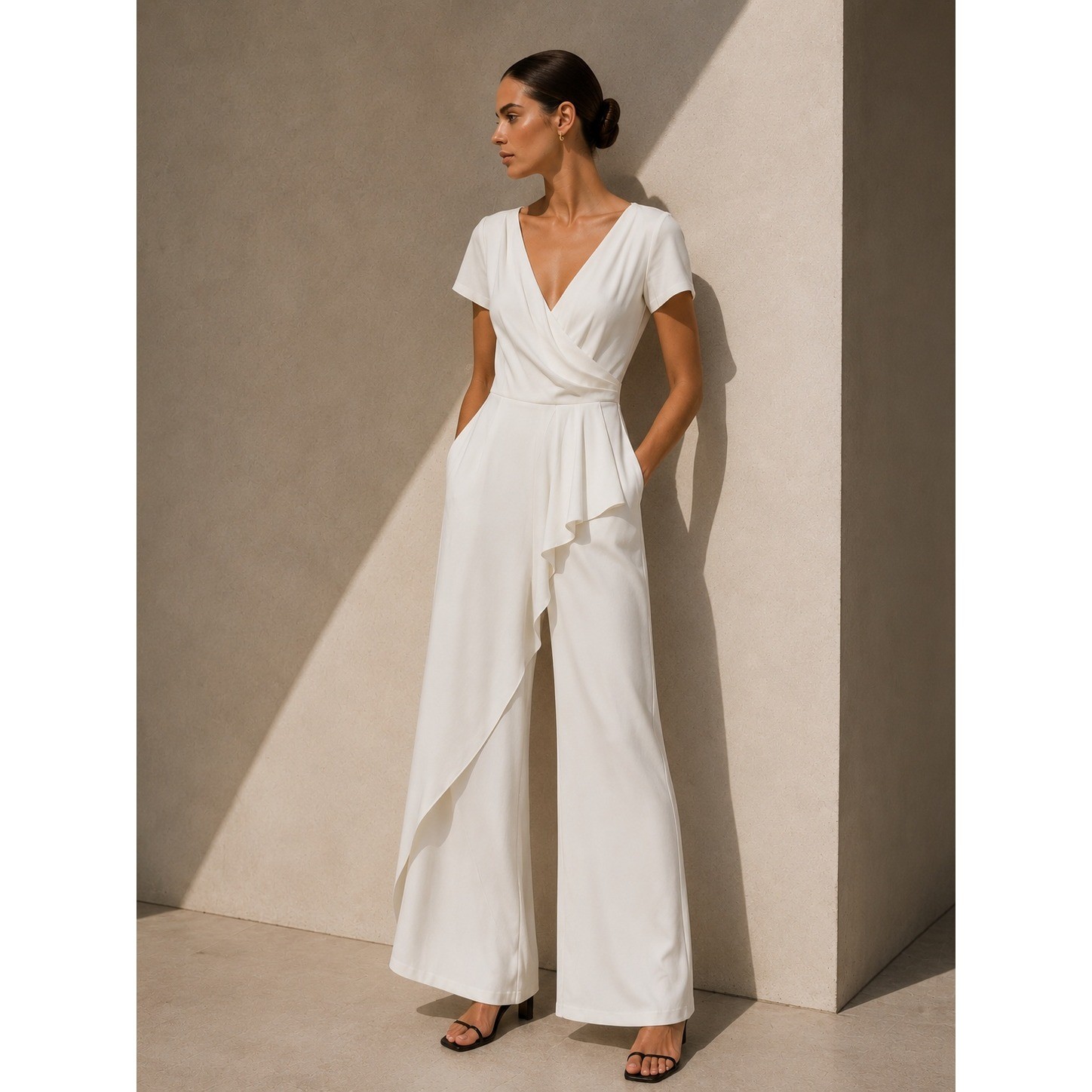 Adrianna Papell Jumpsuit Women 14 V-Neck Wide Leg Bridal WRAP AROUND SKIRTED