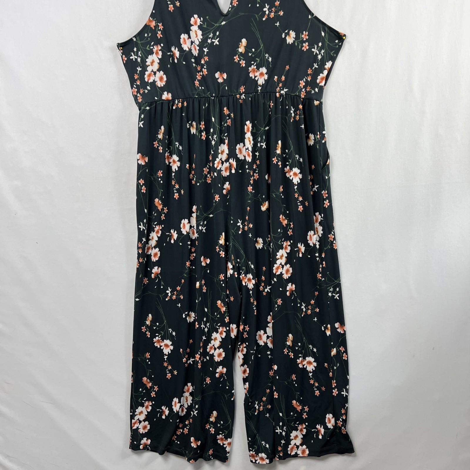 Kaileigh Jumpsuit Women 1X Wide Legged Sleeveless Faux Wrap Romper Floral Navy