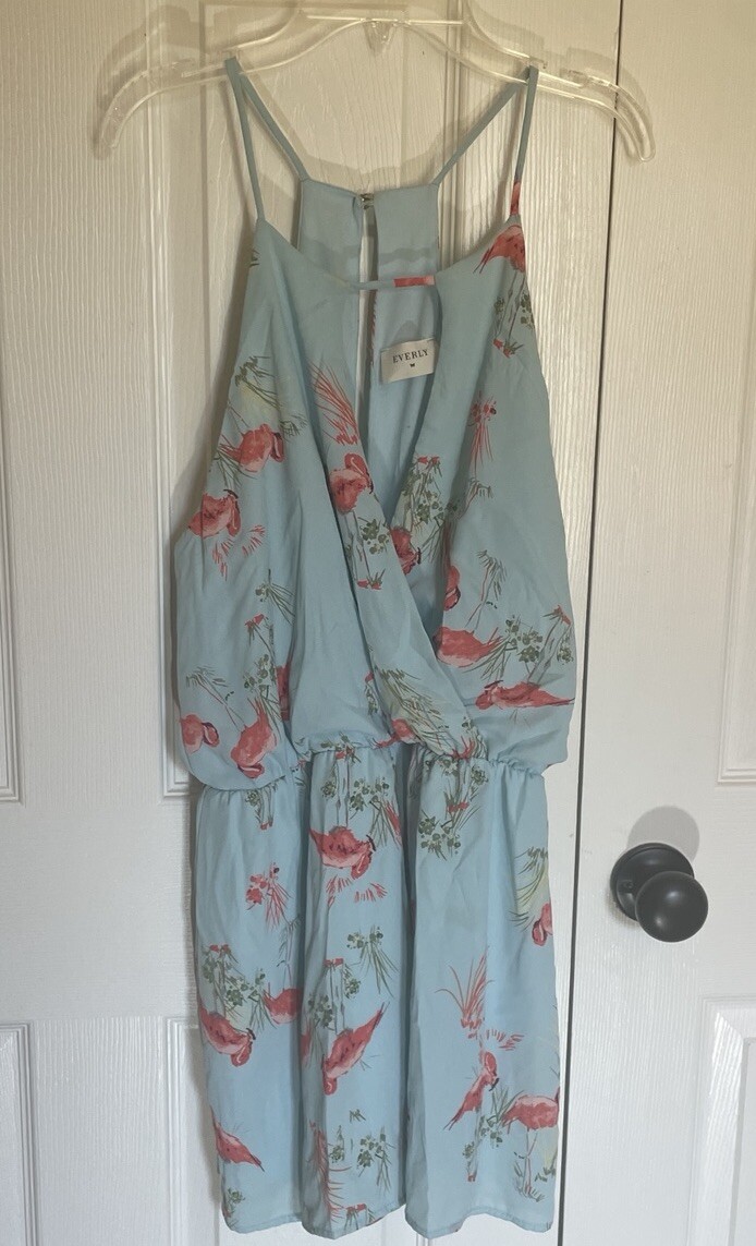 Everly Large flamingo print spaghetti strap romper Shorts light blue pink
