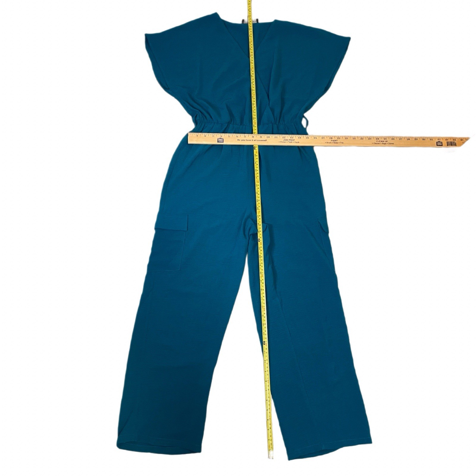 Fred David Women’s M Teal Crinkle Wrap Wide Leg Cargo Jumpsuit V-Neck Belted