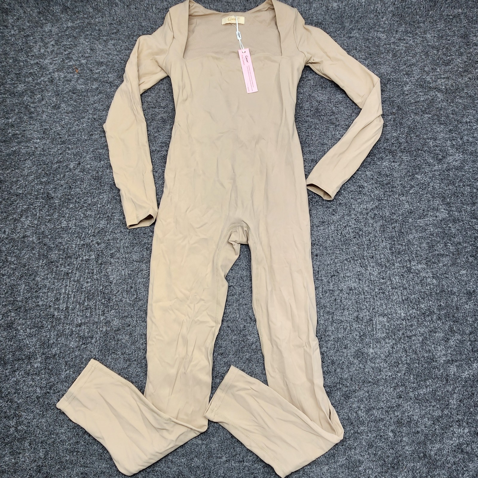 Qinsen Full Bodysuit Slim Leg Long Sleeve Square Neck Nude Shaper Jumpsuit Small