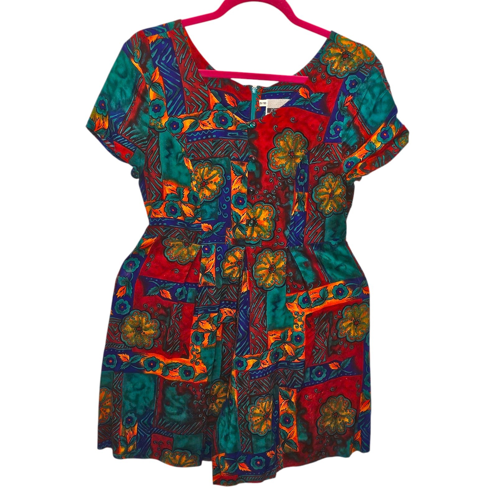 VTG Colorful Boho Hawaiian Romper Pleated Rayon Sz S Tropical Pockets 80s 90s