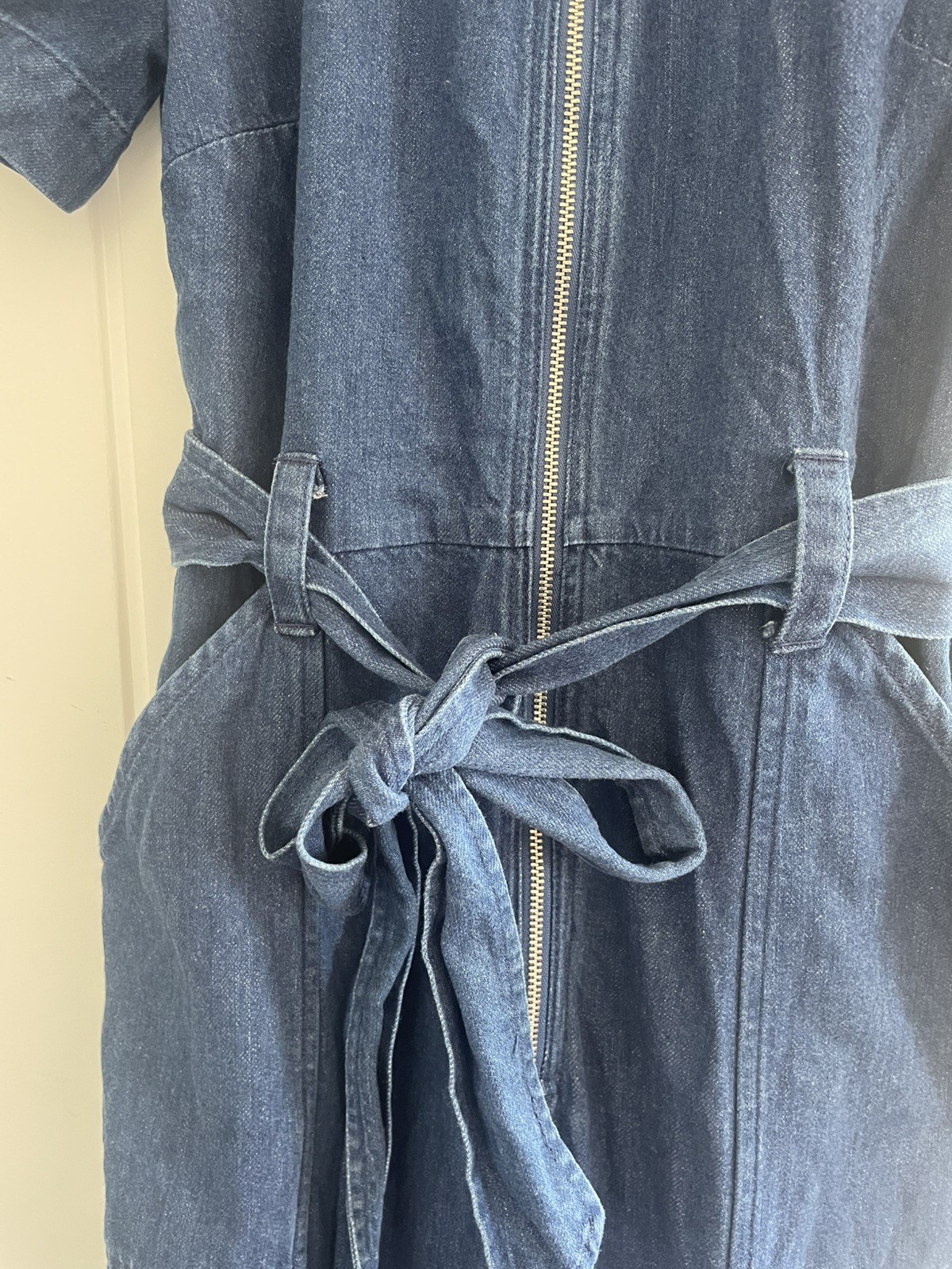 Whistles 100% Cotton Short Sleeve Blue Denim Jumpsuit with Tie Waist, Size UK 8