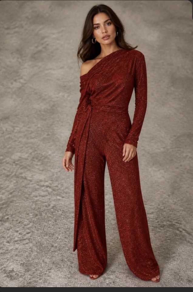 Women’s Red Solid One-Shoulder Long Sleeve Wide-Leg Belted Jumpsuit XXL