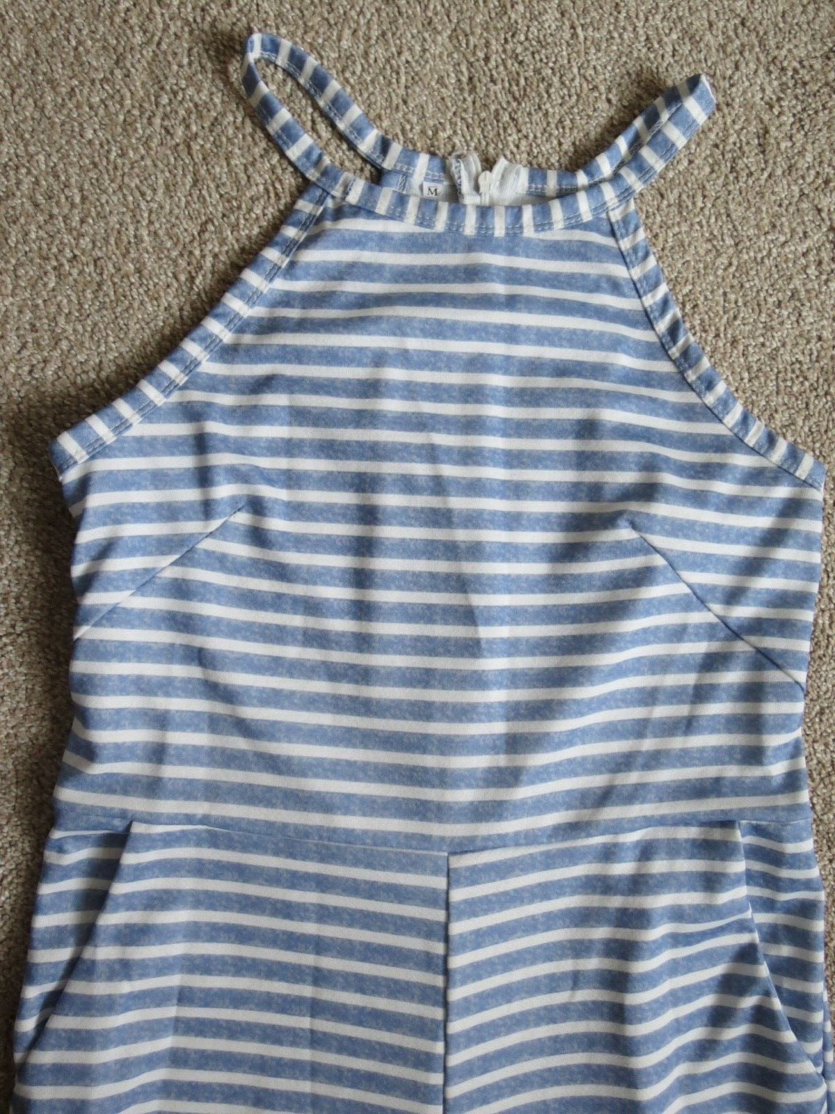 LIGHT BLUE & WHITE STRIPED SHORTS ROMPER WITH TIE BELT – SIZE M