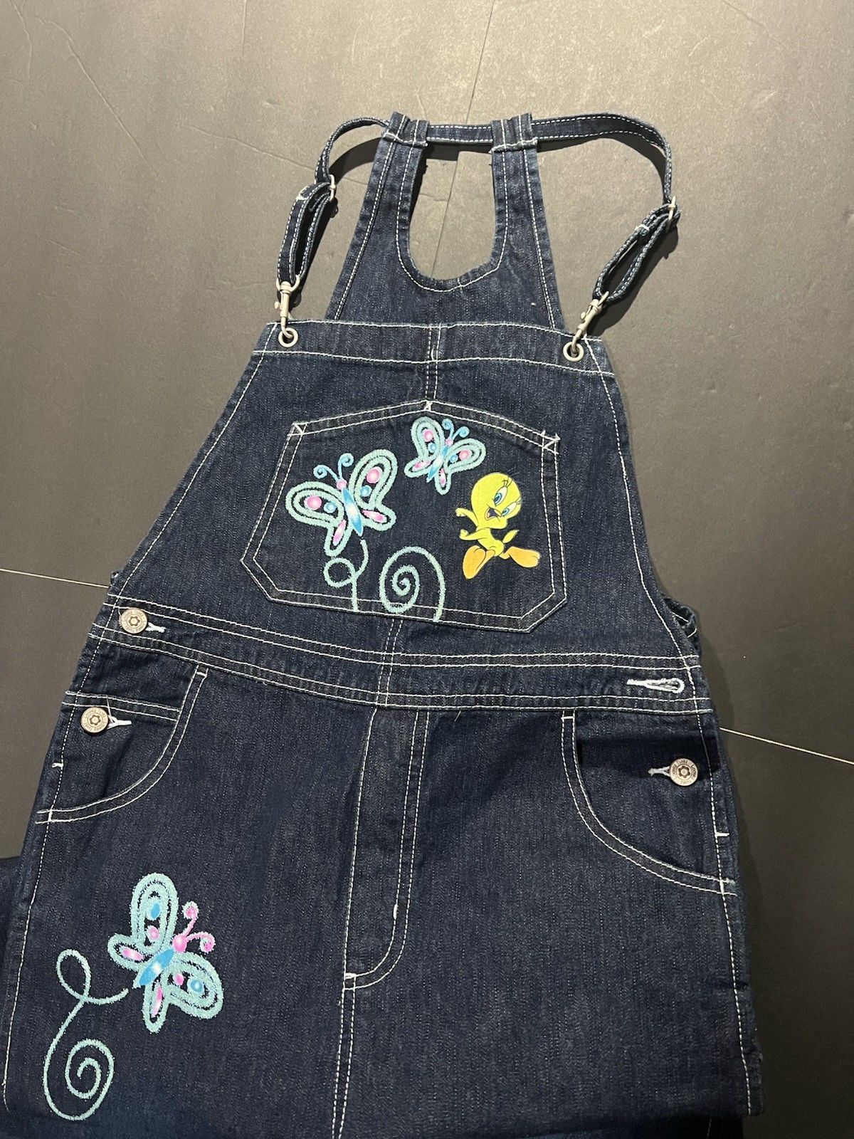 Vintage Y2K Looney Tunes navy denim overalls with butterfly embroidery #cartoon