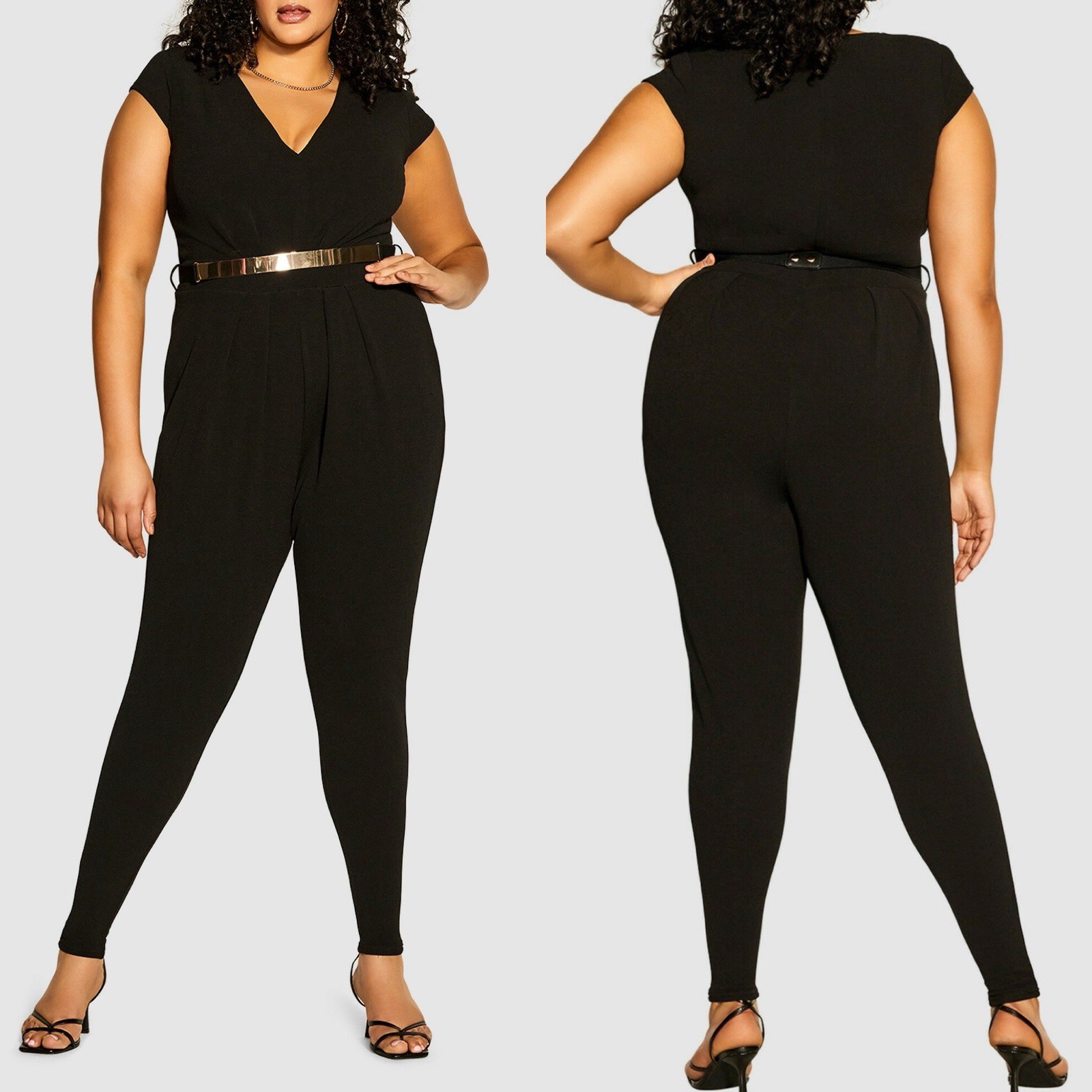 NWT City Chic Evie Belted Jumpsuit Size XL/22 Black V Neck