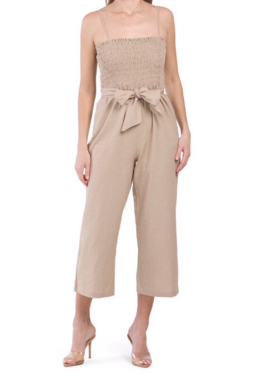 House of Harlow Linen Blend Jumpsuit Brown Smocked Sz S Granolagirl Minimalist
