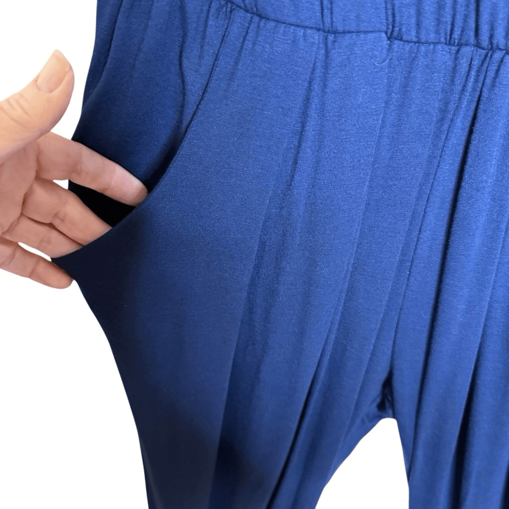 NEW Loveappella Navy Jersey Knit Short Sleeve Jogger Style Jumpsuit Sz M Casual