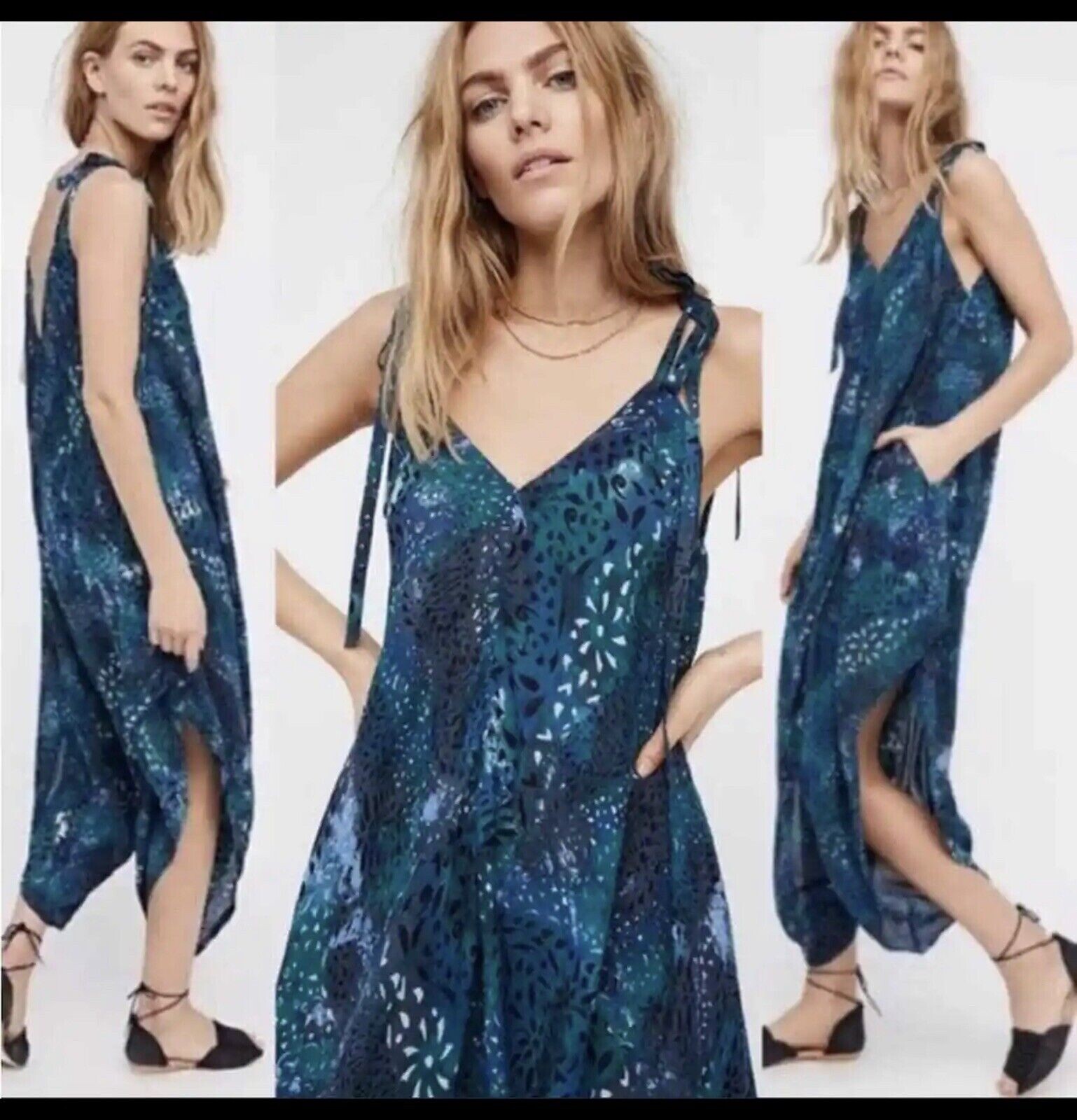 Free People el Porto Harem Jumpsuit Blue Green SIZE M Rayon Cover-up Romper