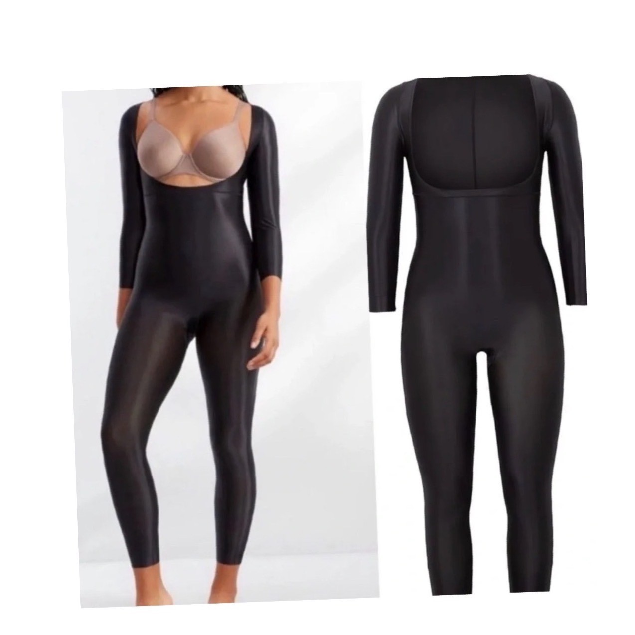 Spanx Shape 3/4 Sleeve OB Catsuit Very Black Liquid Shine Bodysuit 10316R Large