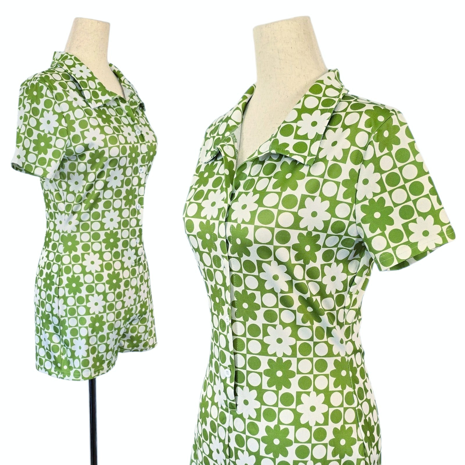 1960s Print Romper 60s Inspired Shorts Flower Power Green White XS Small Daisies