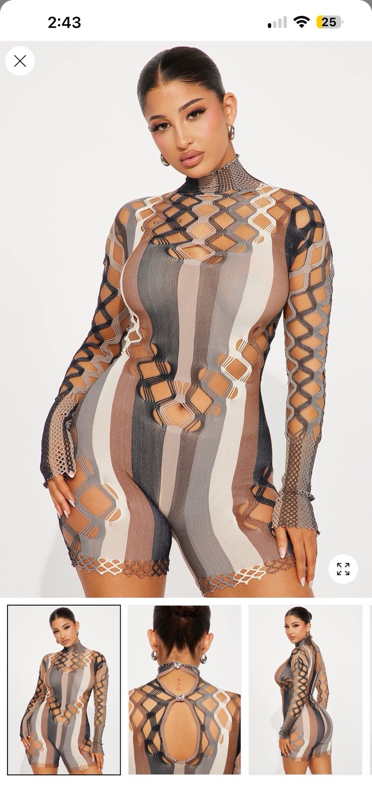 Striped Cut-Out Long Sleeve Mesh Jumpsuit Romper, Brown Beige Black Gray