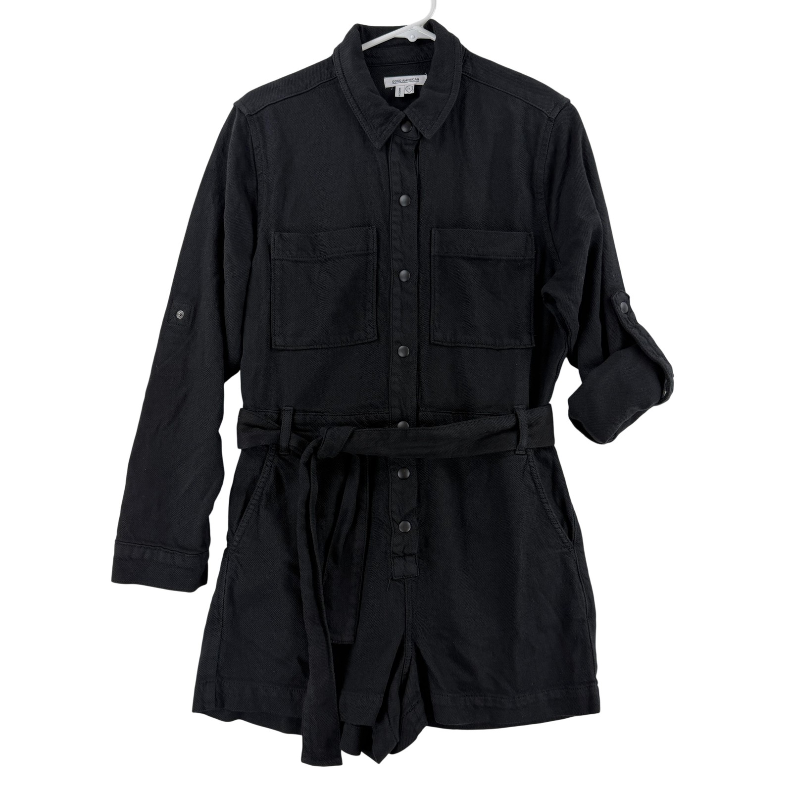 Good American Romper Womens 1 Black Long Sleeve Belted Utility Twill Snap Front