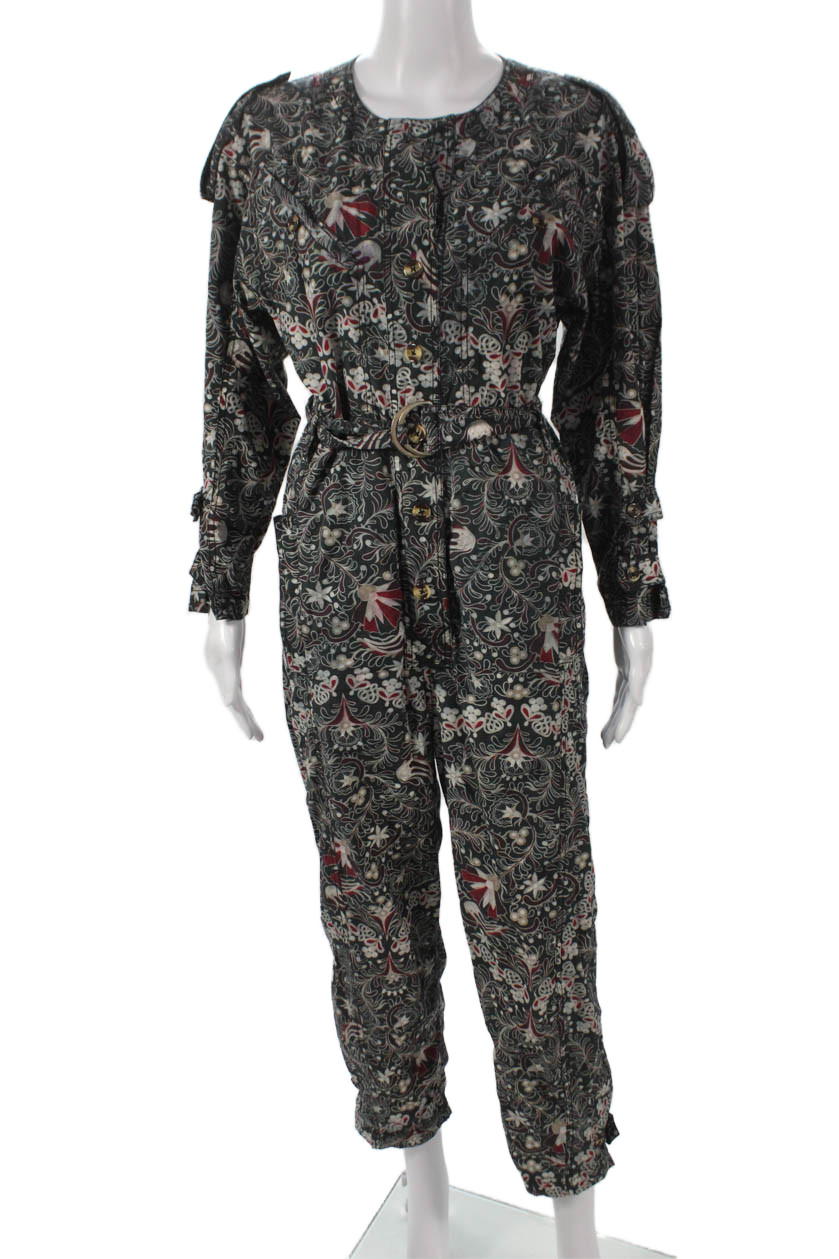 Mariacher Womens Black Floral Cotton Jumpsuit Long Sleeve Crew Neck Size S