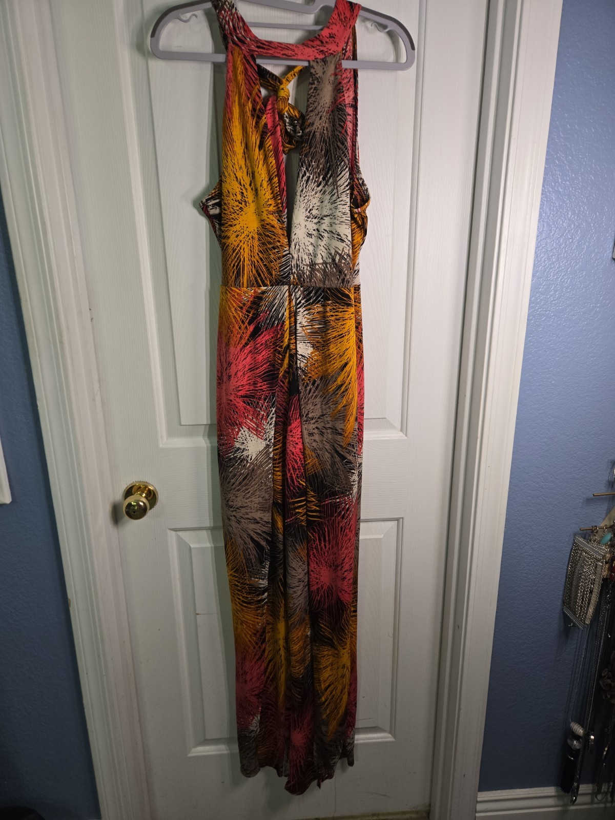 Timing Sz Med Halter Patterned Pink/yellow/tan Jumpsuit, Leg Slits