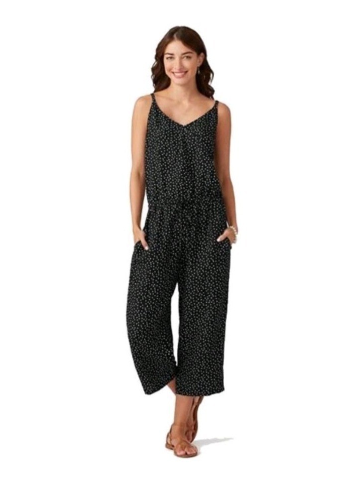 Tommy Bahama Sea Swell Linen Crop Jumpsuit Sz M Black Polka Dot Boho Resort