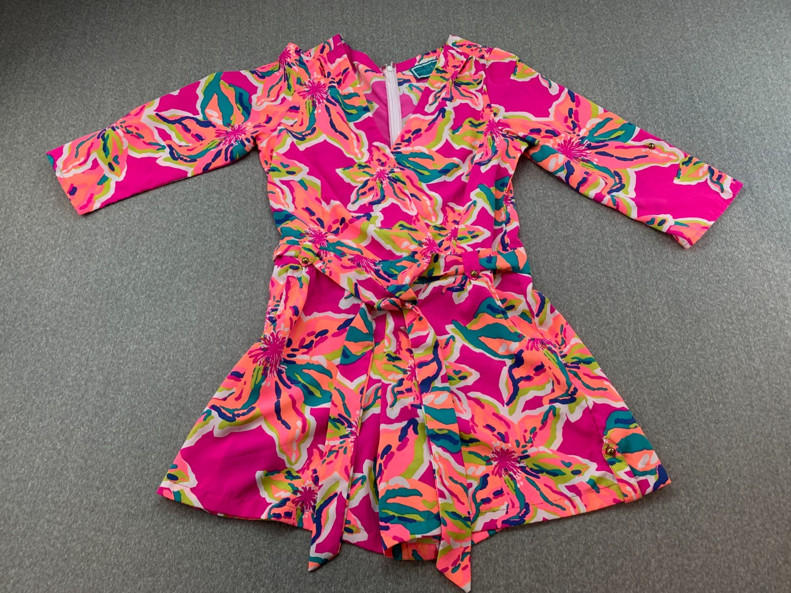Southern Frock Roll Tab Sleeve Romper S Pink Bright Floral Silky Light Flowy
