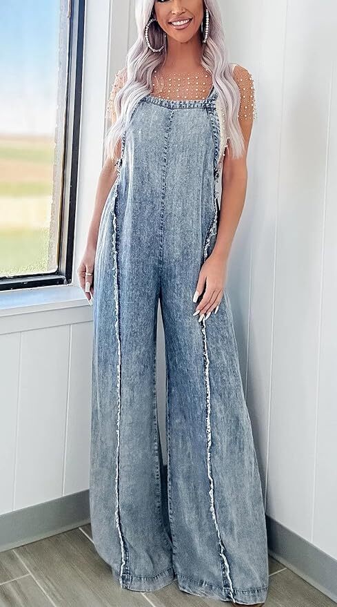 Women Loose Fit Denim Jumpsuit Adjustable Straps Wide Leg Long Pants Frayed Jean