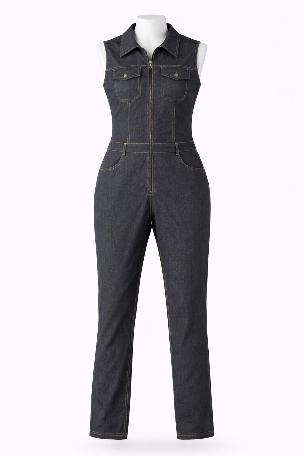 Like An Angel One Piece, Zip Up Coveralls, Women Blue Faux Denim | Free Ship