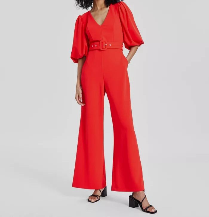 Rachel Rachel Roy Womens Red Balloon-Sleeve Wide-Leg Jumpsuit Sz M