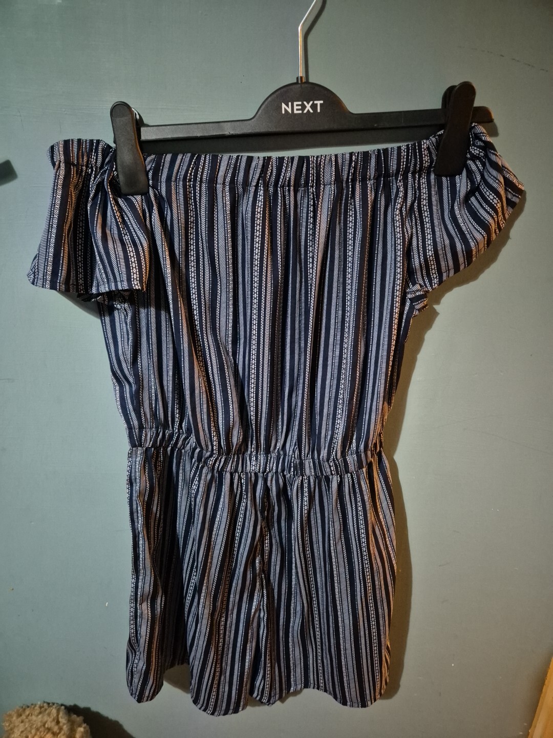 Primark Atmosphere Size 12 Blue Stripe Bardot Off Shoulder Playsuit (125/74/v)