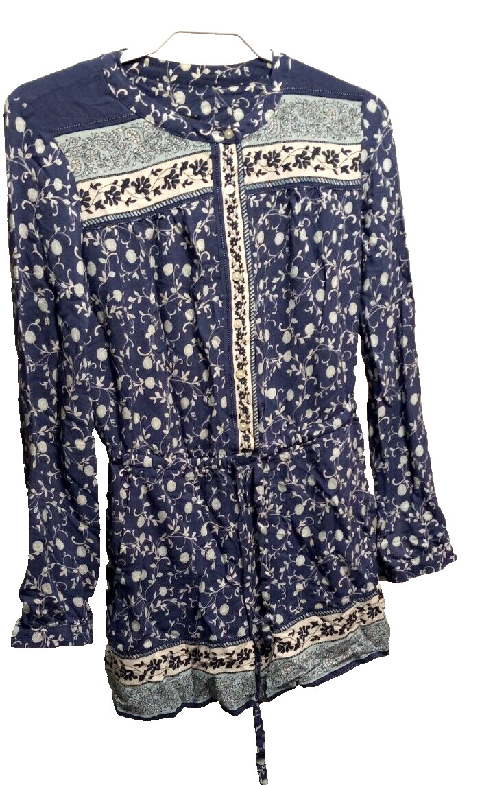 Ann Taylor Romper XS Blue Floral Lace High Neck Long Sleeve Adjustable Waist