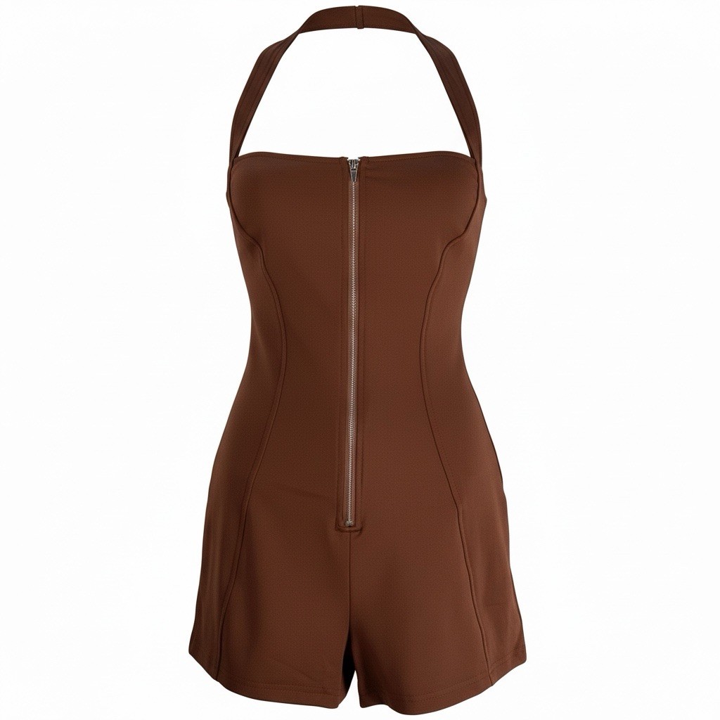 Brown Zip Front Halter Sleeveless Romper Straight Neck for Women