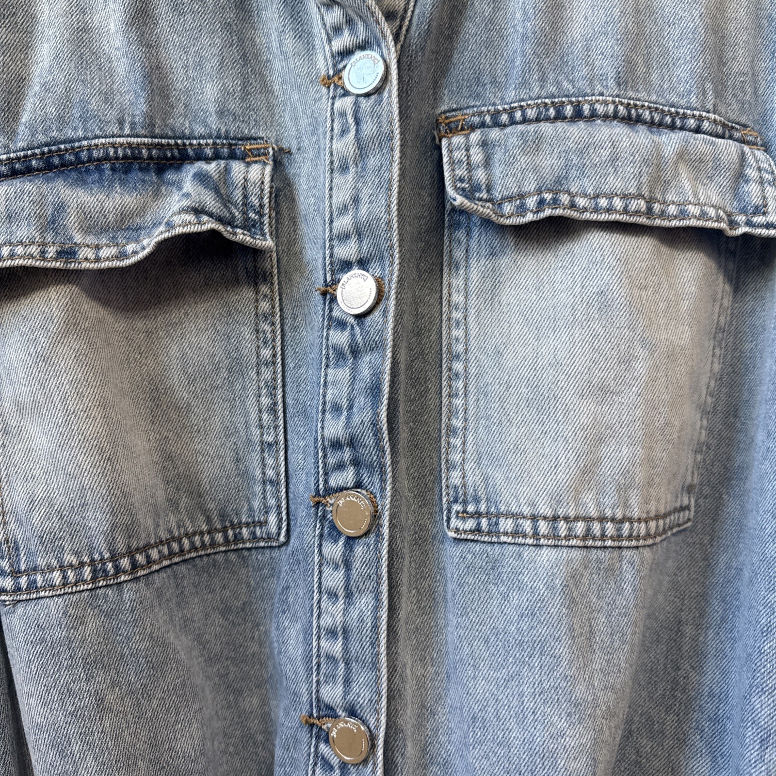 BlankNYC Women’s Denim Romper Blue Acid Washed Short Sleeve Button Down Large