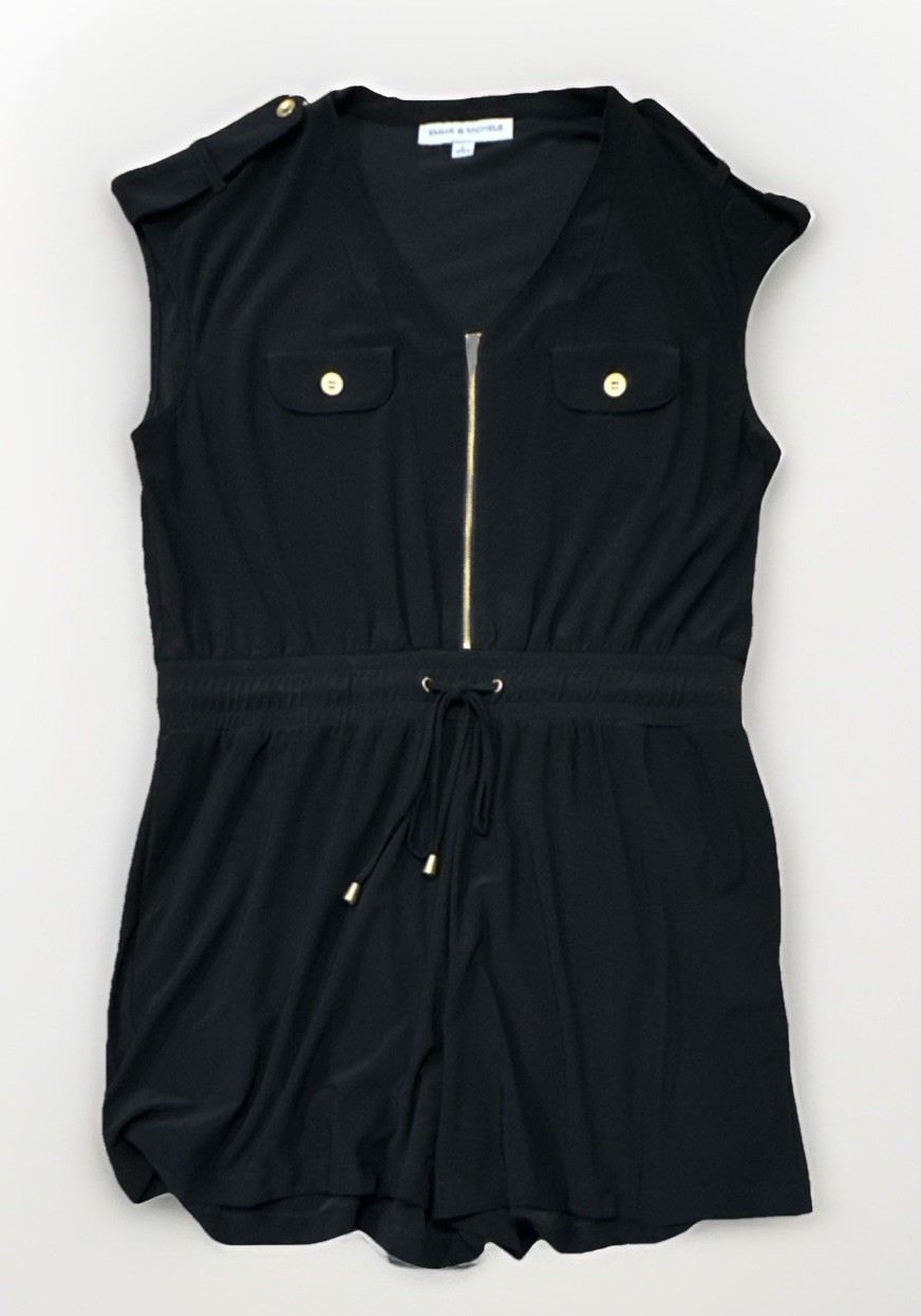 Emma & Michele Women’s Solid Black Sleeveless Romper L Zip V-Neck 25120