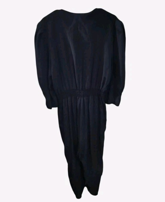 Vtg Jackie & Eric Black Jumpsuit Womens M/L Sweetheart Neck Puff Sleeve Goth 70s