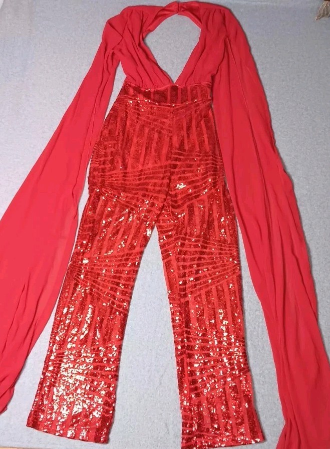 Sequin Cape Sleeve Jumpsuit Womens Small Red Flared Wide Leg Party Club Glamour