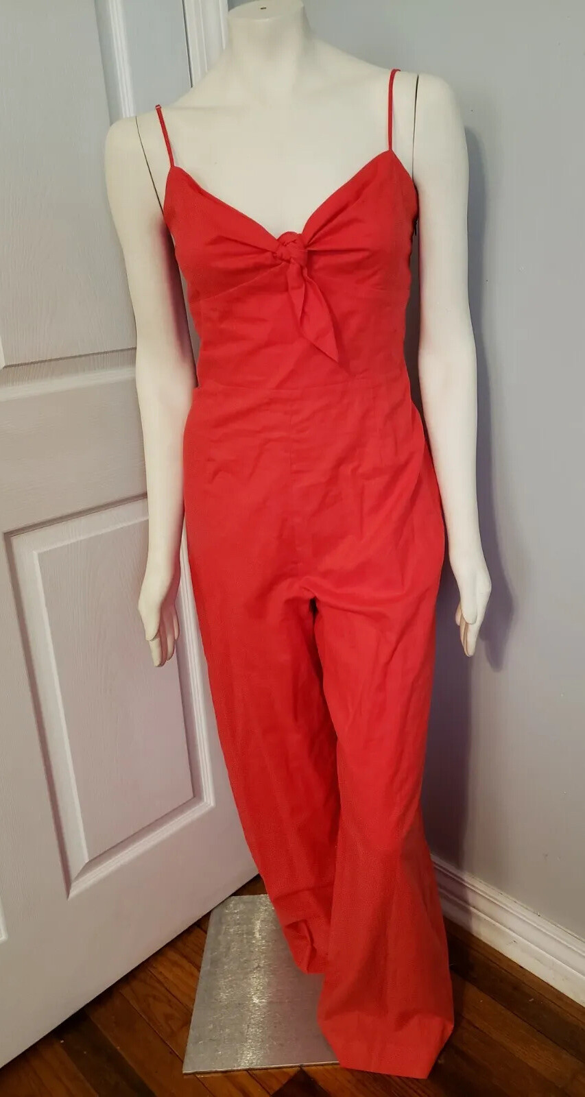 Gianni Bini Linen Blend Red Knot Front Adjustable Strap Sleeve Jumpsuit NWT 12