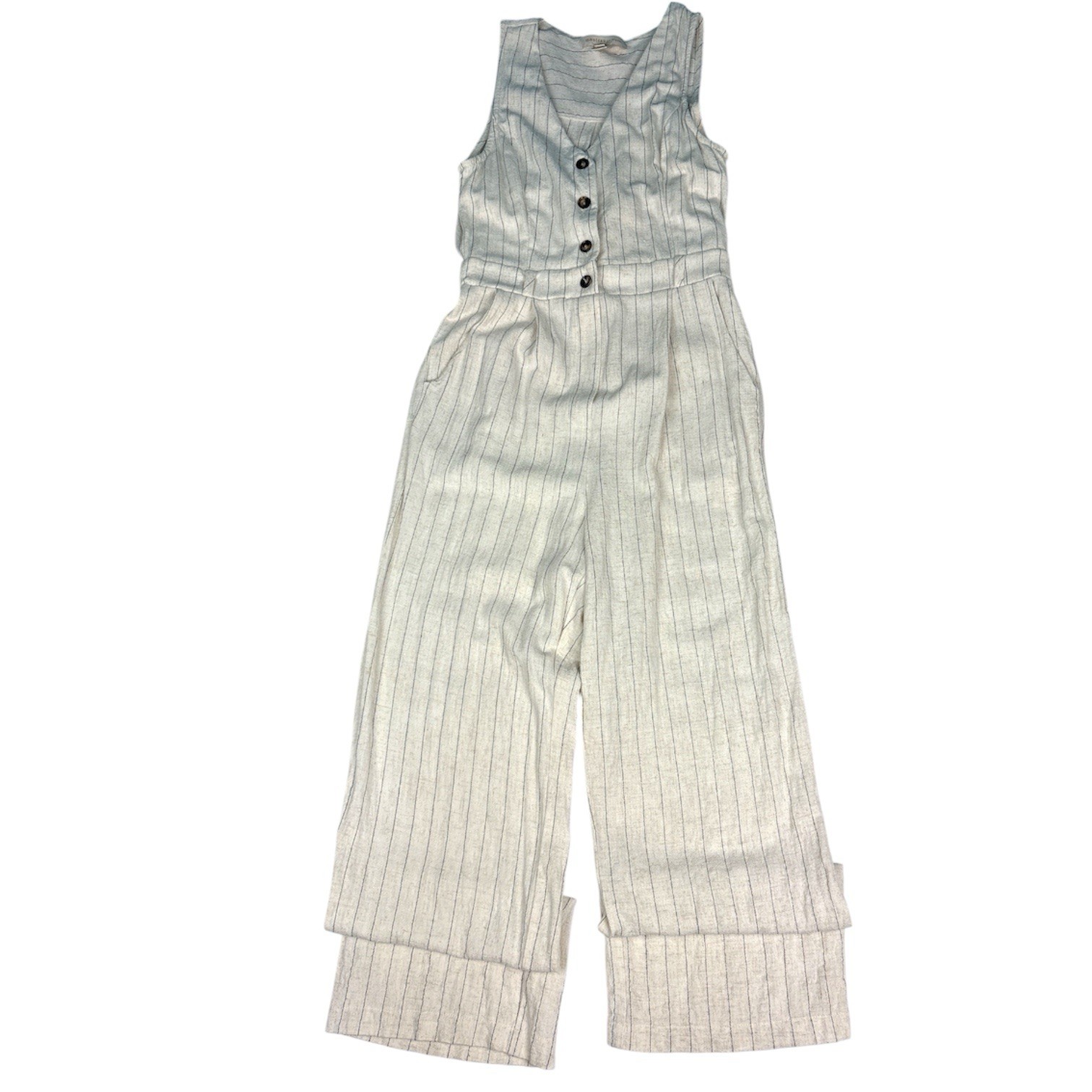 Monteau Los Angeles Women Small Jumpsuit Pinstripe Cream Black Rayon Linen Blend