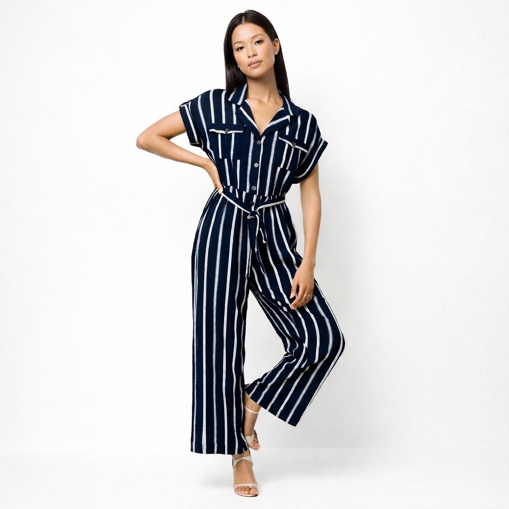 NWOT Toxik3 Women’s Striped Jumpsuit Sz M Multicolor Belted Waist Casual V-Neck