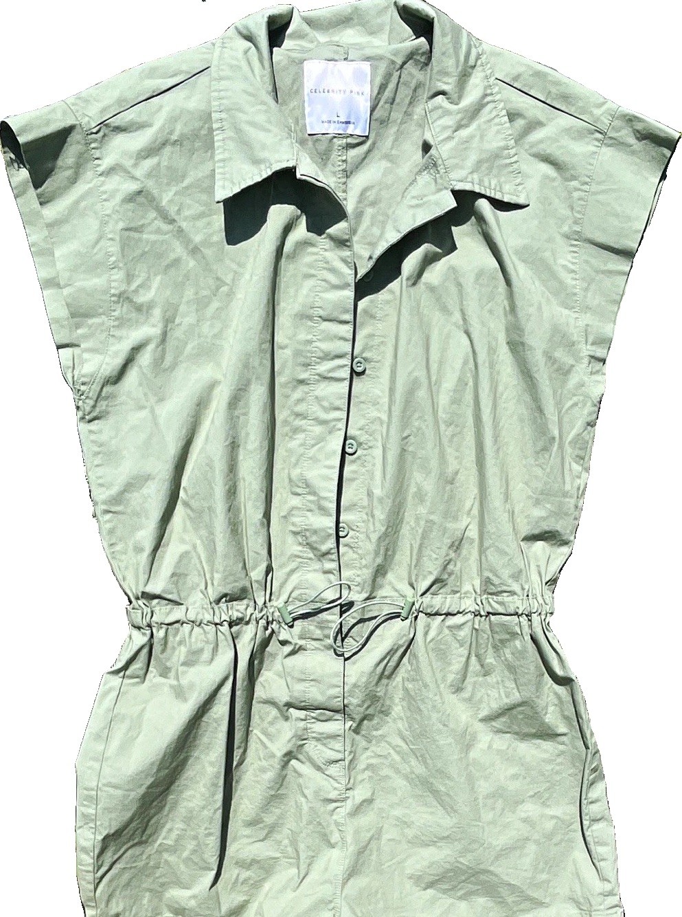 Celebrity Pink Green Solid Collared Sleeveless Button Front Romper L Cotton