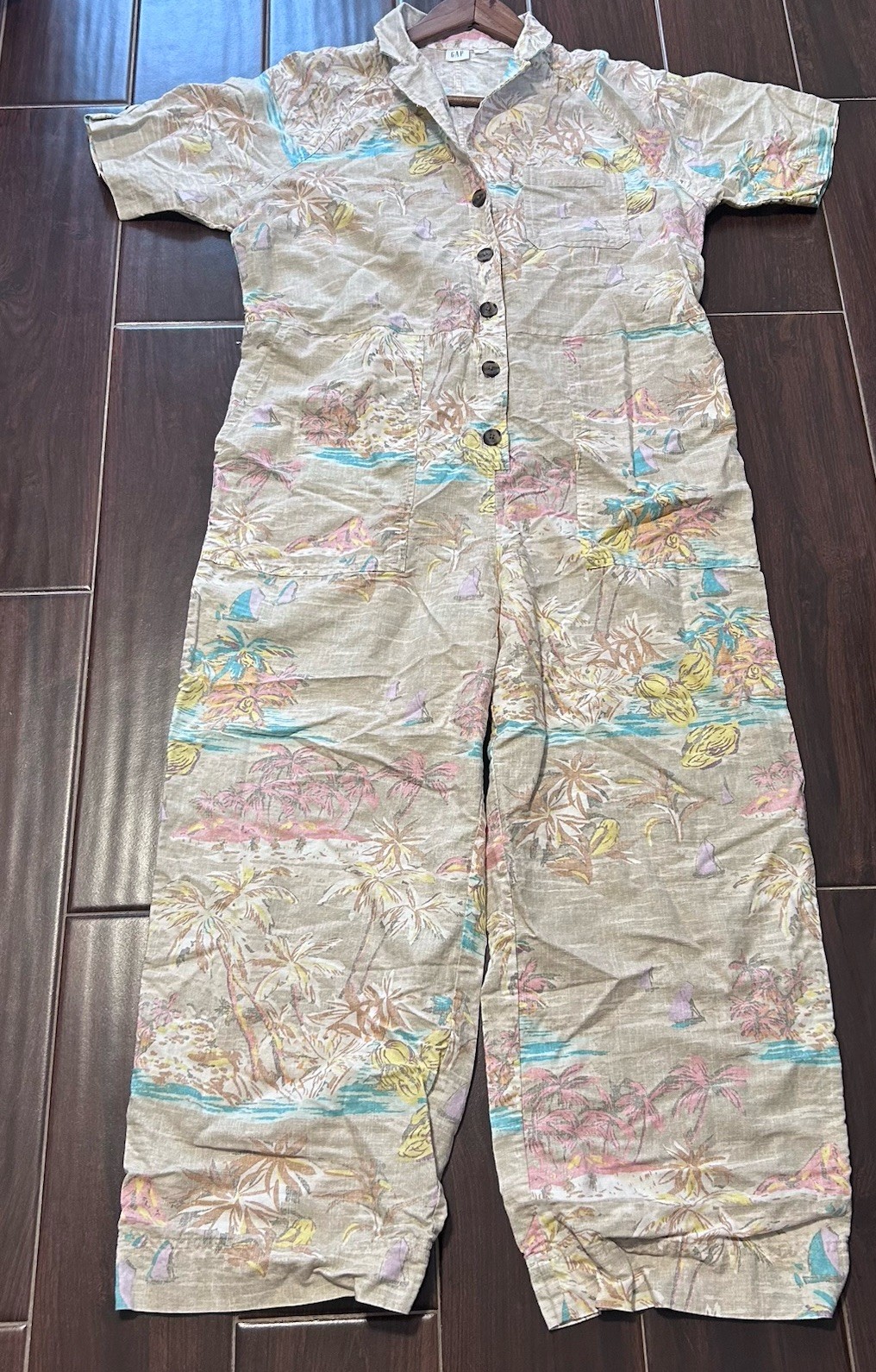 Gap Utility Wide Leg Jumpsuit Womens 10 Linen Blend Tan Artsy Boho Beach READ