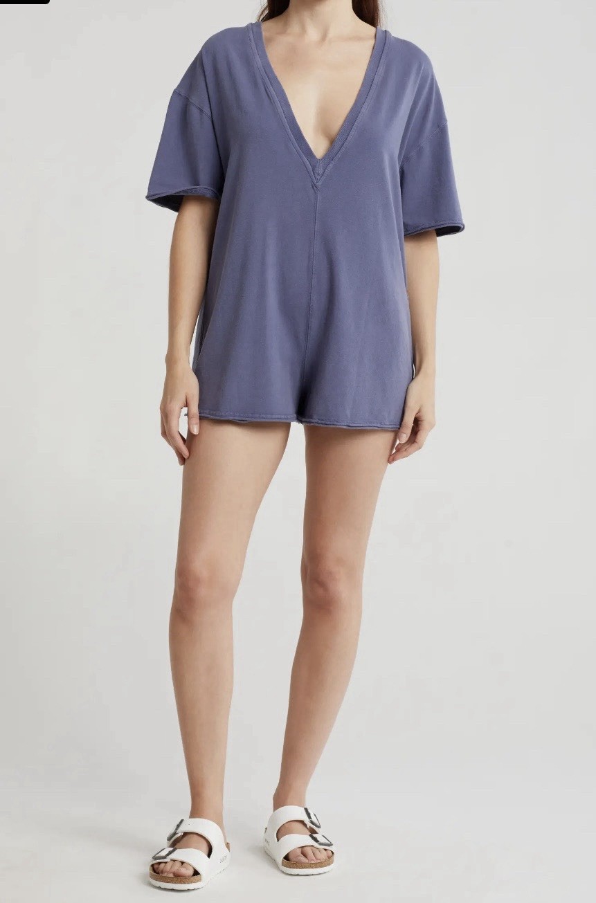 Free People Hot Shot Romper S/P Washed Blue Deep V-Neck Pockets Comfy Oversized