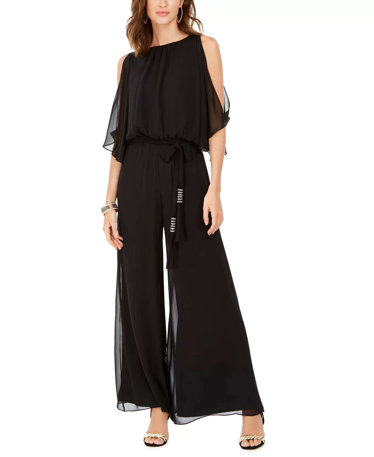 MSK Black Wide-Leg Jumpsuit Cold Shoulder Blouson Rhinestone Belt Formal Medium