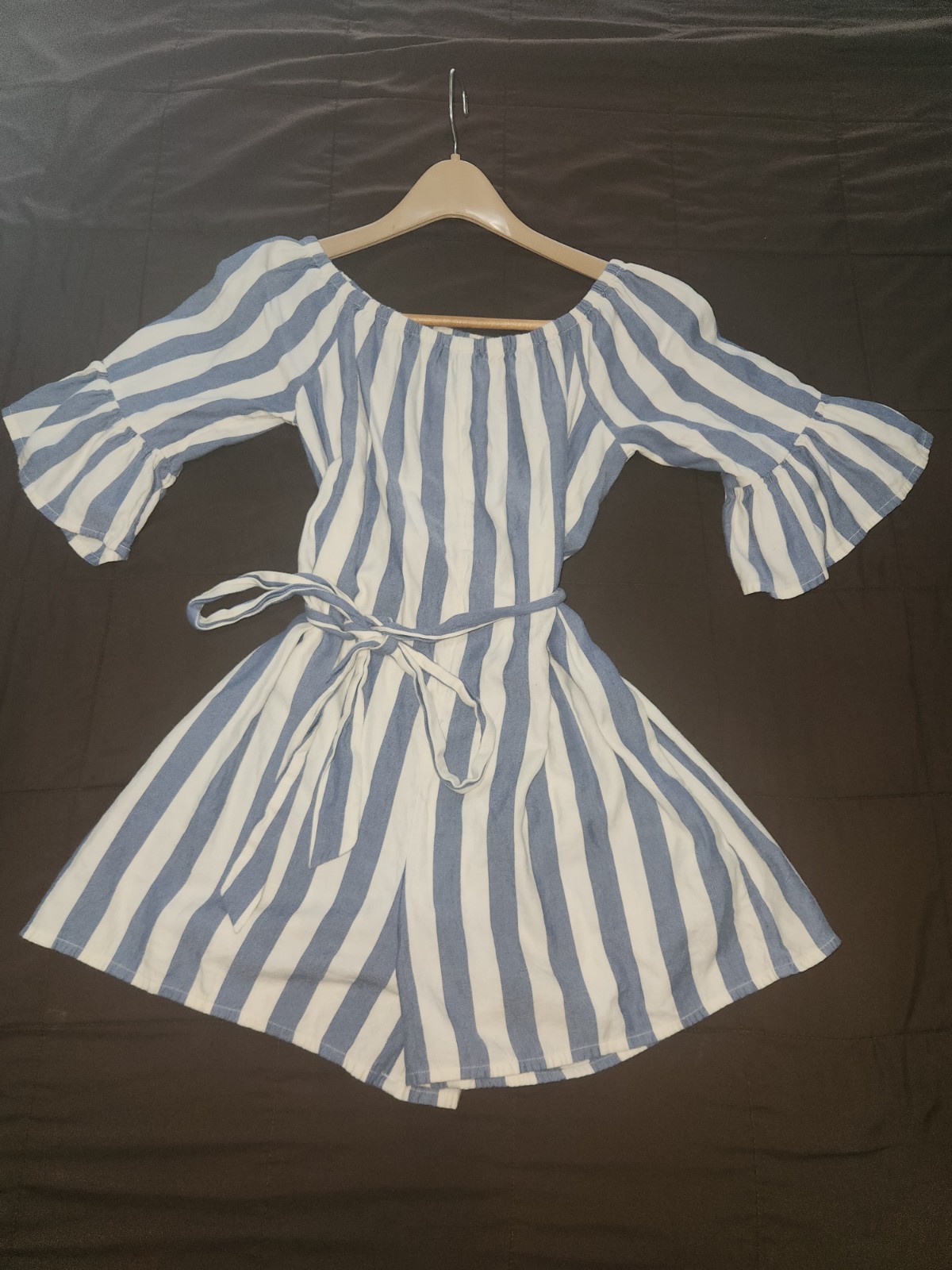 Billabong Fun For Now Blue and White Striped Off-the-Shoulder Romper. Small