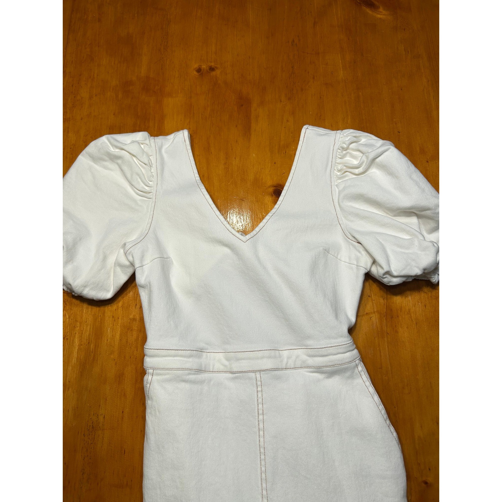Vestique Honeymoon Jumpsuit Cream Denim Wide Leg Puff Sleeve Tie Back Cutout