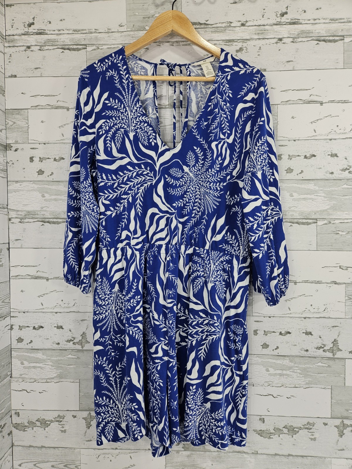 H M Bright Blue Patterned Cotton Romper Ballon Sleeves Partial Open Back Women L