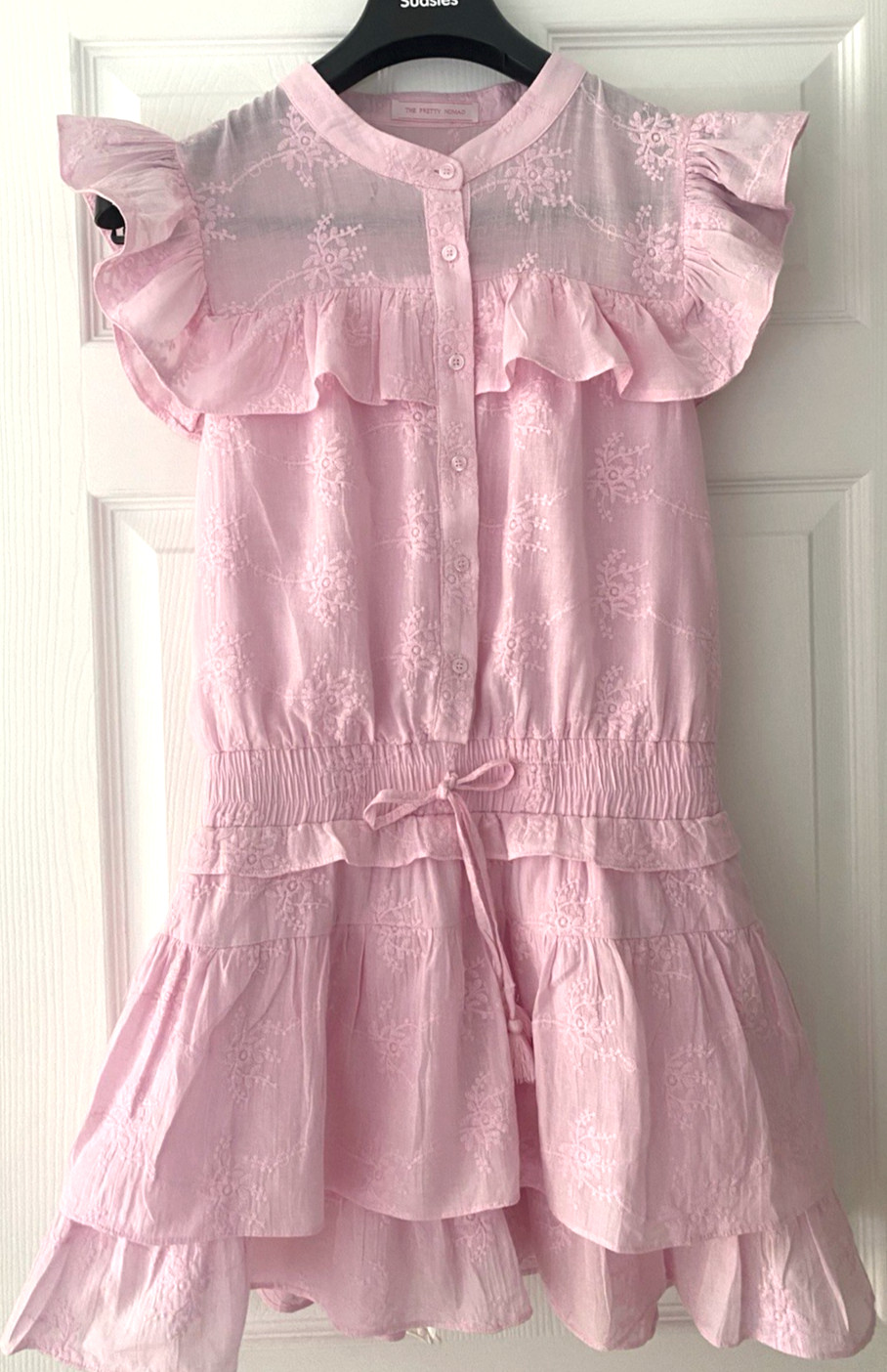 THE PRETTY NOMAD Women’s Size “M” Pink Romper Ruffled Floral Embroidery Cotton
