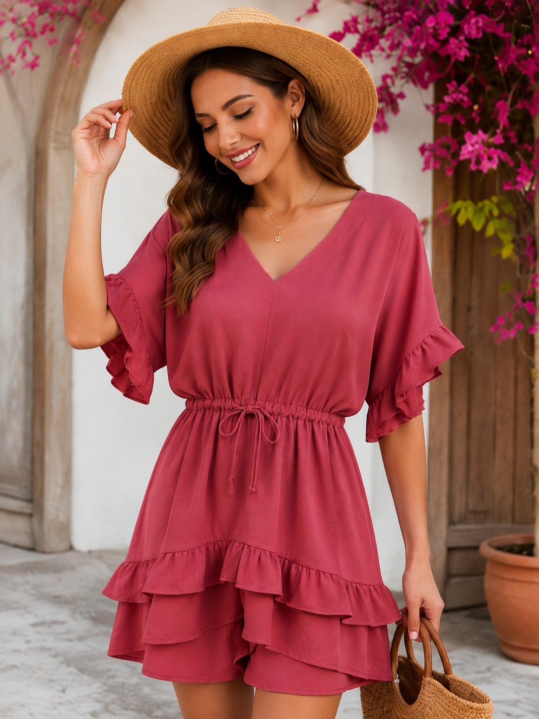 Women Small Brick Red Romper Tie Waist Flutter Sleeve Boho Festival Light Flowy