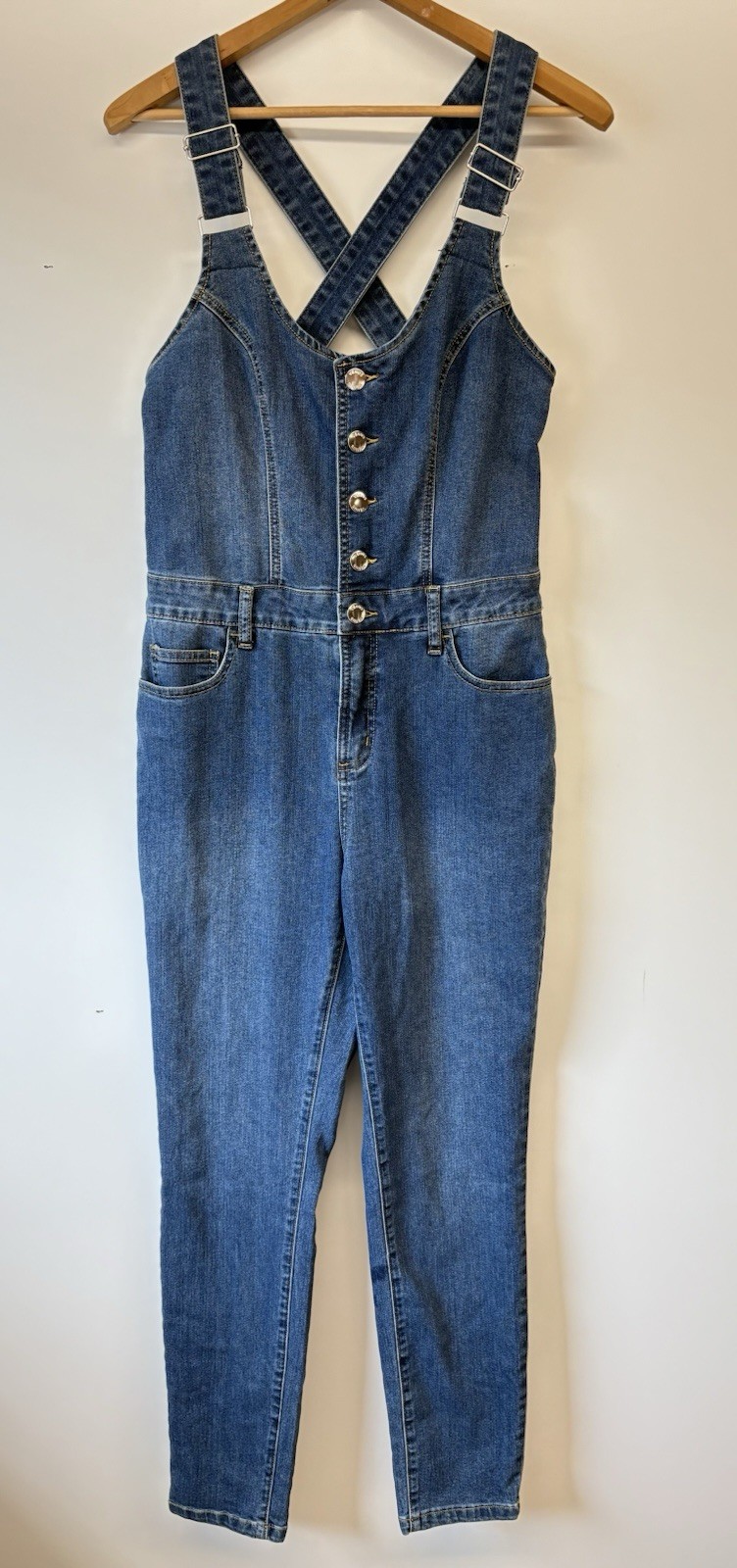 VENUS Stretch Denim Overalls Jumpsuit Size 10 Belted Tapered Leg