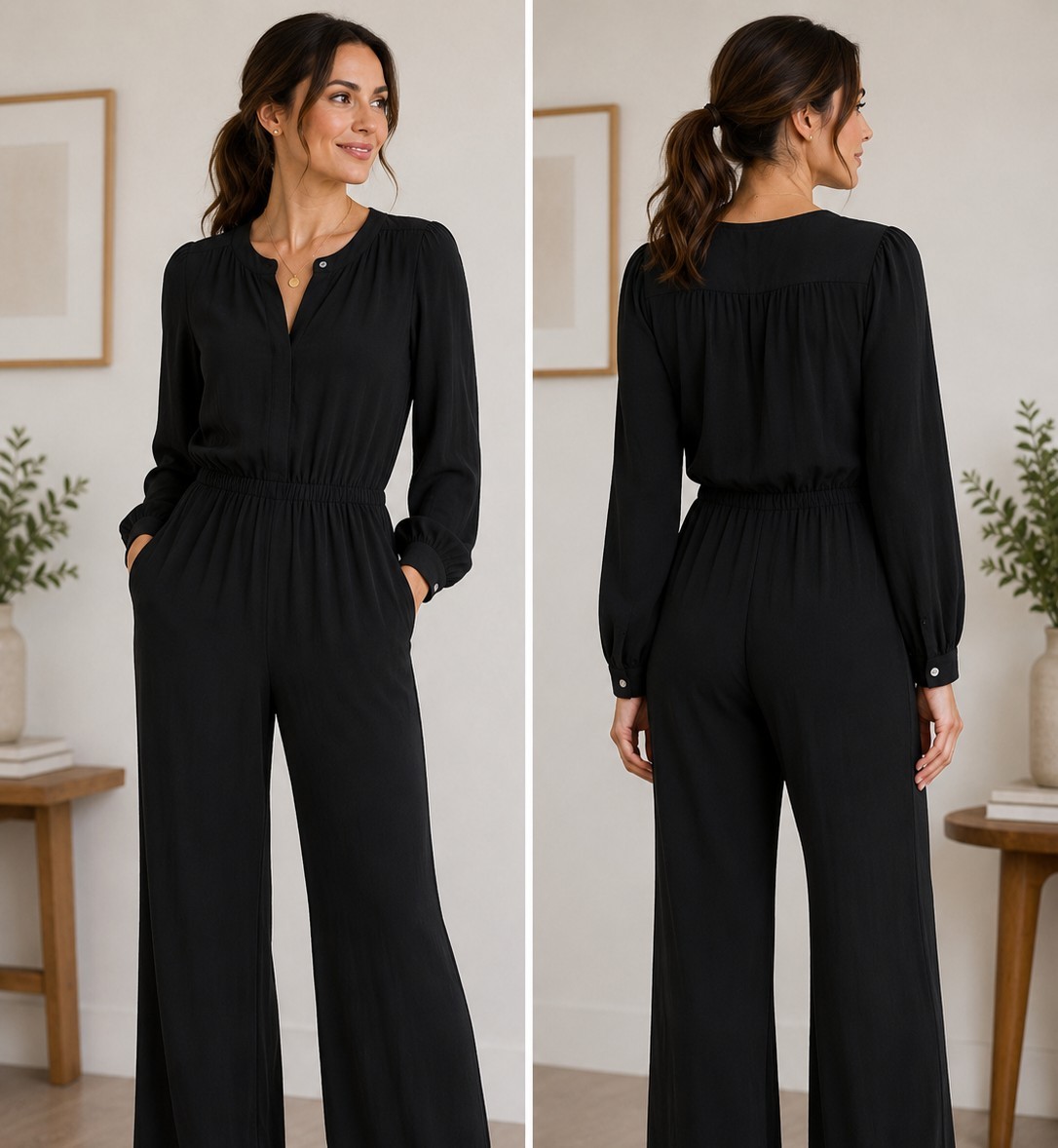 J.Crew Black 100% Viscose Wide Leg Jumpsuit Women’s Size 6 Long Sleeve