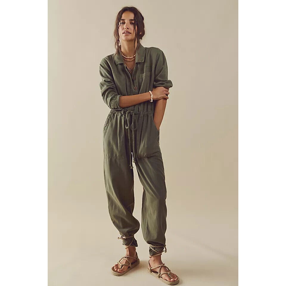 Free People Quinn Coveralls Jumpsuit Long Sleeve Straight-Leg Cargo XS 276109