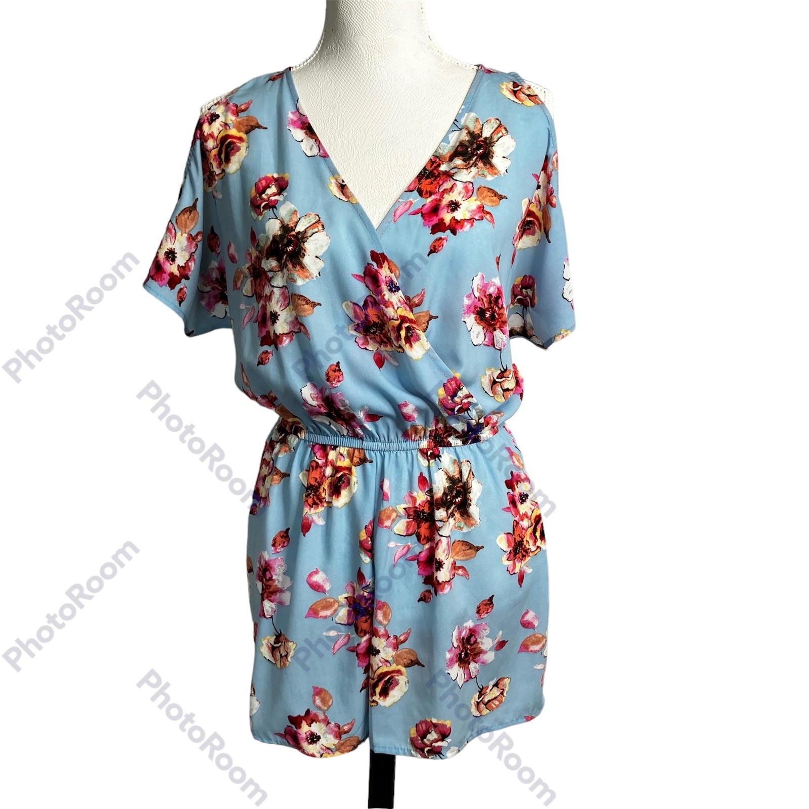 One Love Clothing LA Romper Womens Blue Floral SZ S Cold Shoulder Tropical